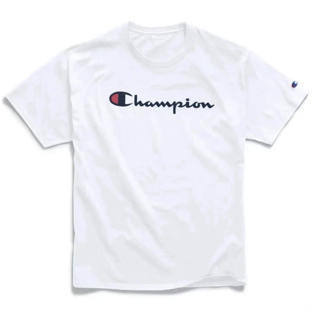 Champion Classic Script Logo short sleeve shirt, white, Medium NWT!